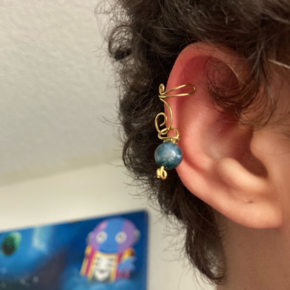 New Handcrafted Wire Ear Cuff With Moss Agate  Crystal Stone Bead Charm